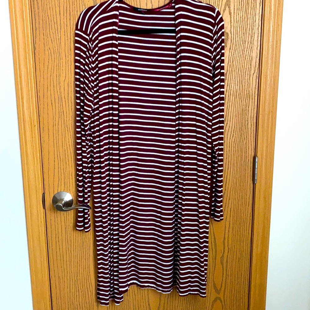 Burgundy and white striped cardigan. Size Medium